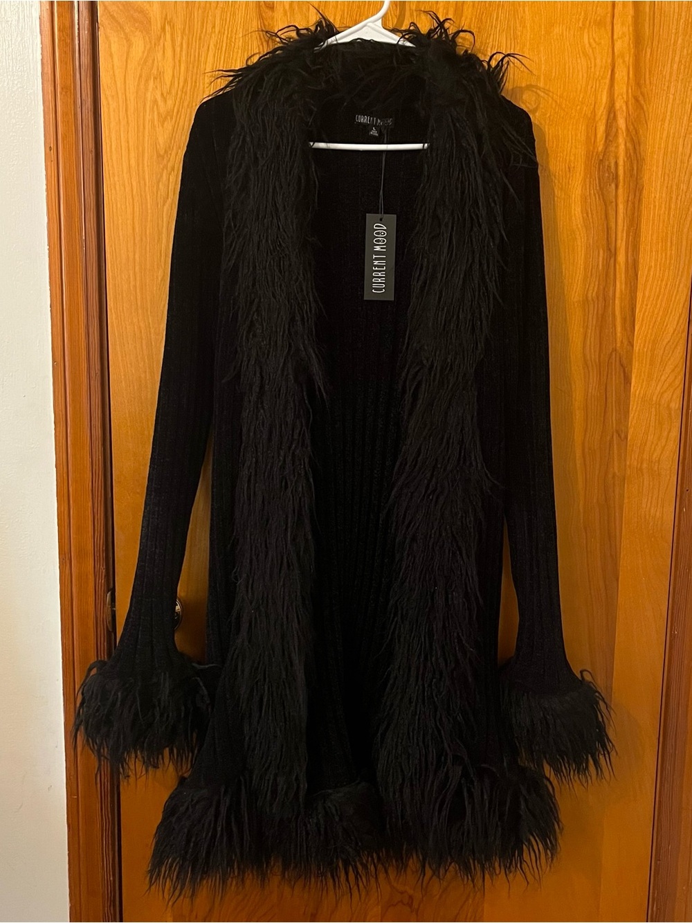 Current Mood Black Faux-Fur Trim Open-Front Cardigan